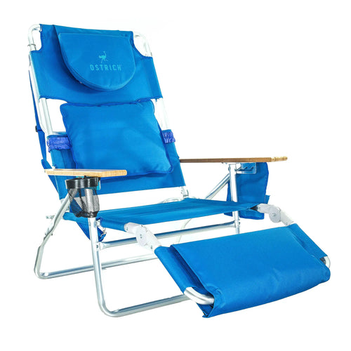 Ostrich Deluxe Padded 3N1 Outdoor Lounge Folding Reclining Beach Chair with Adjustable Positions & Carry Strap for Tanning Pool Lounger - Color: Blue